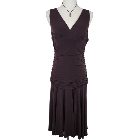 BCBGMAXAZRIA Brown Midi Dress Sleeveless V Neck Ruched - Picture 1 of 8